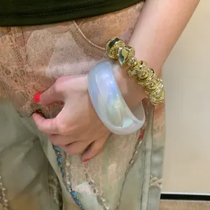 Chunky Y2K iridescent resin bangle and gold textured bracelet set for women