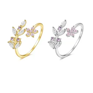 Bague Ouverte Réglable en Argent Sterling S925 Style Forêt Feuille Fleur pour Femme Bijoux avec Zirconia Incrusté