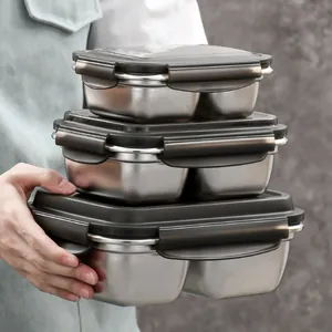 Set van drie stapelbare 304 roestvrijstalen lunchboxen met vacuüm verzegelde deksels