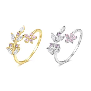 Bagues ouvertes en argent sterling 925 avec motif de feuilles et fleurs et cristaux
