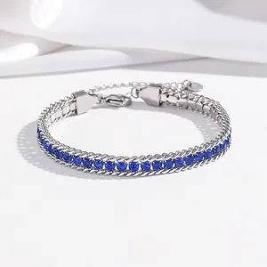 Elegant silver titanium steel bracelet with sparkling deep blue zircon row inlay for women