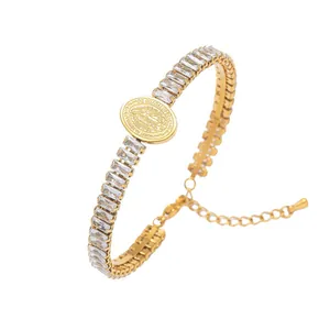 Gold-plated titanium steel bracelet with cubic zirconia and Guadalupe medallion
