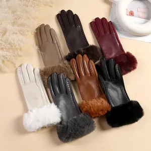 Women Winter Faux Suede PU Leather Patchwork Gloves Warm Fleece Lined Windproof Touchscreen Riding Gloves Faux Fur Trim