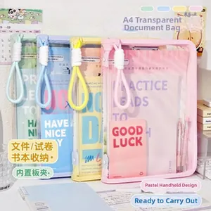 A4 transparent document organizer bag with built-in clipboard and pastel handle