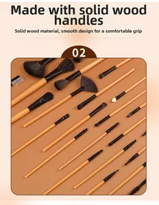 Detail of 24pcs makeup brush set with smooth solid wood handles and black bristles