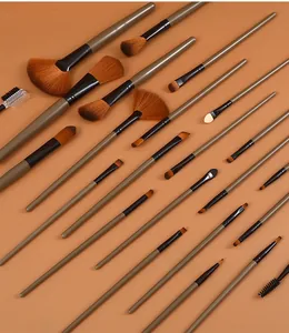 Professional 24-piece makeup brush set collection with olive khaki handles and soft bristles