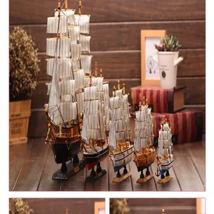 Set of Mediterranean wooden sailing ship models in five different sizes for home decor