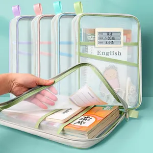 Macro shot of a green mesh A4 organizer bag showing its capacity for books and files.