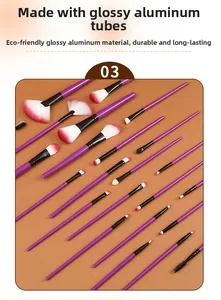Detailed top view of professional 24-piece makeup brush set with purple handles