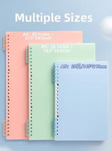 Size comparison of A4, B5, and A5 pastel loose-leaf binder covers with hole counts
