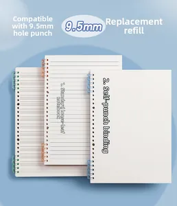 Detailed view of loose-leaf binders with 9.5mm hole spacing and DIY refill options.