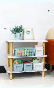 Three-tier white shelf organized with blue and white rectangular storage baskets