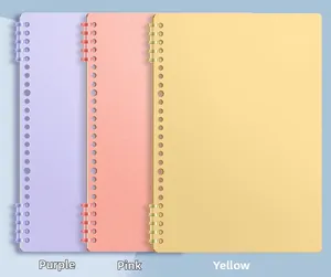 Detailed view of A4 loose-leaf notebook covers in purple, pink, and yellow colors.