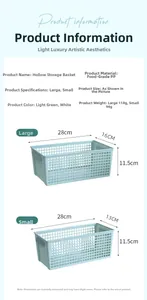 Detailed size and material specifications for hollow rectangular plastic storage baskets
