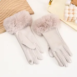 Elegant women's winter gloves with soft suede, PU leather details, and plush faux fur cuffs.