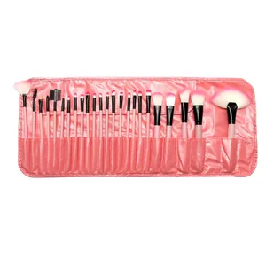 Professional 24-piece pink makeup brush set with matching roll-up pouch