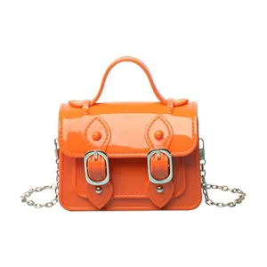 Fashionable mini orange jelly satchel bag with chain strap and classic buckle detail