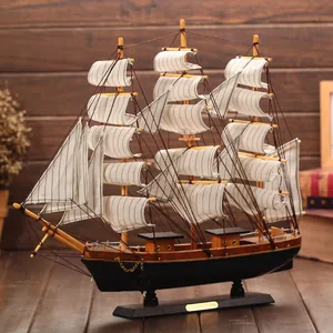Mediterranean Style Wooden Sailing Boat Model Handmade Nautical Desk Ornament Smooth Sailing Wood Craft Home Office Table Decor Gift