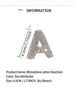 Detail view of rhinestone letter A keychain showing 4.5cm height dimension