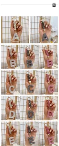 Detailed close-up of rhinestone alphabet keychains in silver, black, and pink colors.