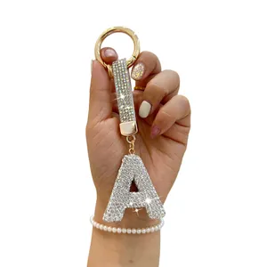 Glittering rhinestone letter A keychain with gold alloy ring for car keys and bags