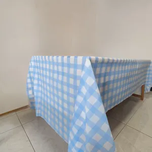 Heavy-duty disposable blue and white checkered rectangular plastic tablecloth for parties