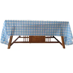 Large disposable blue and white checkered plastic rectangular tablecloth for parties