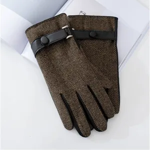 Men British Business Plaid Woolen Winter Gloves Fleece Lined Warm Touchscreen Driving Gloves With PU Leather Trim