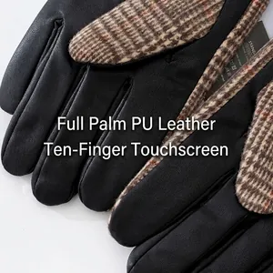 Men's winter plaid wool and PU leather gloves with 10-finger touch screen