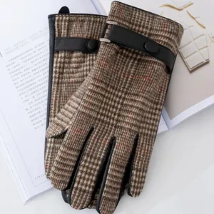 Elegant men's checkered wool winter gloves with touchscreen capability and leather strap