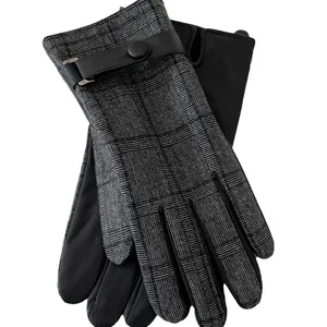 Men's winter business gloves with gray plaid wool fabric and touchscreen compatible fingers
