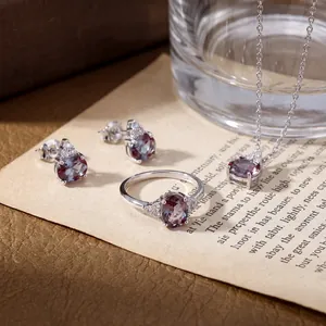 Elegant S925 sterling silver alexandrite jewelry set featuring oval cut purple gemstones