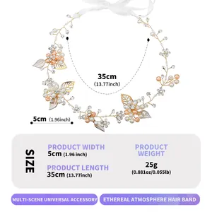 Serre-tête floral artisanal éthéré avec perles et feuilles dorées, long de 35 cm