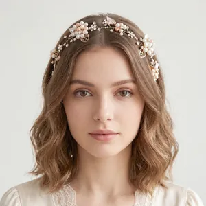 Bandeau de Mariage Feuille d'Or Fait Main Avec Süßwasserperles Strass Style Forêt Accessoire Cheveux Mariage pour Femmes Fête Vigne Cheveux