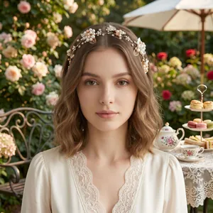 Serre-tête de mariée élégant fait main avec fleurs et perles pour fêtes de jardin