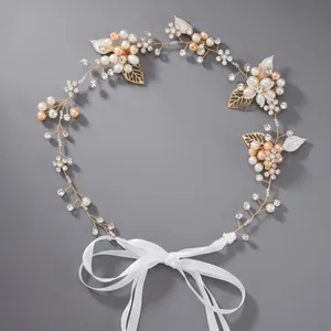 Élégant serre-tête de mariée fait main avec perles, cristaux et feuilles dorées