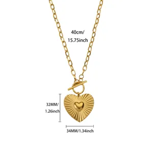 Dimensions of 18K gold plated heart pendant necklace with textured sunburst design