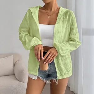 Women Casual Crinkled Sun Protection Hooded Jacket Solid Color Zipper Long Sleeve Loose Lightweight Top Outdoor Outerwear