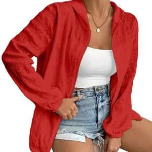 Women's red crinkle texture hooded zip-up jacket, casual long sleeve sun protection top
