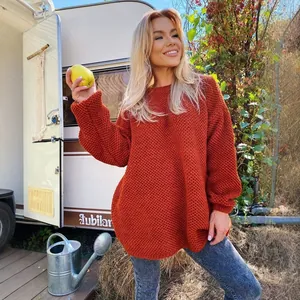 Damen Casual Einfarbig Strickpullover Locker Oversize Rundhals Langarm Pullover Herbst Winter Mode Waffelstrick Top