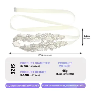 Detail view of rhinestone bridal sash showing size 47x4.5cm and 65g weight specifications