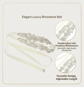 Detailed view of elegant floral rhinestone bridal sash with white satin ribbon finish
