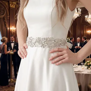 Elegant rhinestone bridal sash belt with silver leaf pattern for white wedding dress
