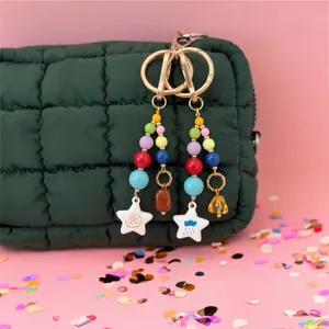 Boho Beaded Keychain Bag Charm For Women 18K Gold Plated Resin Flower Star Heart Pendant Fashion Jewelry Accessories