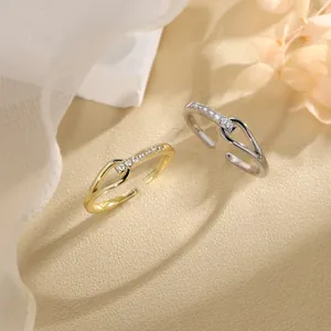 Minimalist adjustable open rings with knot design and zircon accents in gold and silver