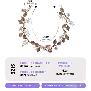 Detailed dimension chart for vintage bridal headpiece with gold leaves and rhinestones