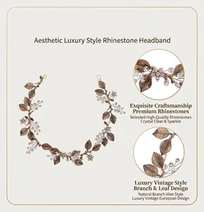 Close-up detail of a vintage style bronze leaf hair vine with clear rhinestone accents