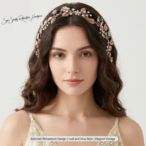 Bridal Hair Band Vintage Handmade Flower Leaf Alloy Crystal Rhinestone Artificial Pearl Bohemian Wedding Headband For Women