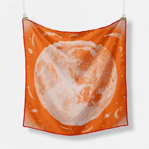 Elegant orange silk square scarf with white celestial planet and star pattern design