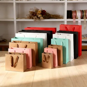 Premium multi-colored kraft paper gift bags in various sizes for shopping and packaging